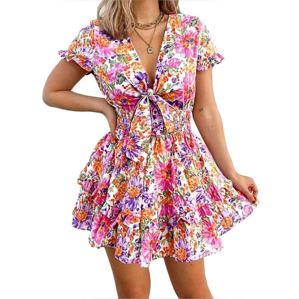 PrettyGarden Floral Tie Front Mini Dress Boho Ruffle Smocked Spring Summer